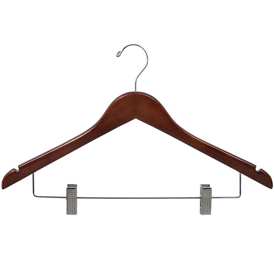 Women's 17' Flat Combo Hanger Walnut Stain Wood With Chrome Hardware 100 Per Case Price Per Case 