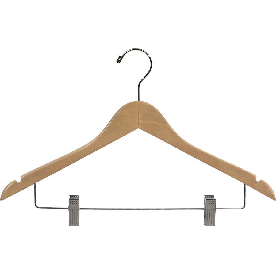 Women's 17' Flat Combo Hanger Natural Wood With Nickel Hardware 100 Per Case Price Per Case 
