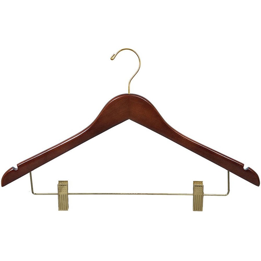 Women's 17' Flat Combo Hanger Walnut Stain Wood With Brass Hardware 100 Per Case Price Per Case 