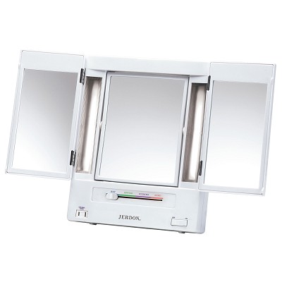 Jerdon JGL9W Classic Fluorescent Lighted Trifold Tabletop Makeup Mirror 1X-5X Magnification White 6 Per Case Price Per Each 