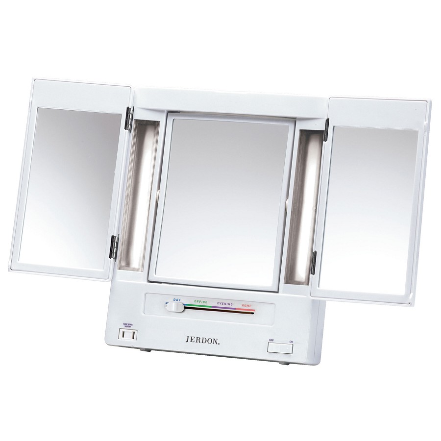 Jerdon JGL9W Classic Fluorescent Lighted Trifold Tabletop Makeup Mirror 1X-5X Magnification White 6 Per Case Price Per Each 