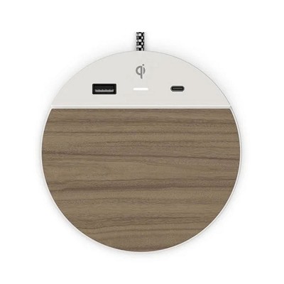 Station C Designer Wireless Charger With USB-A + USB-C + Qi Wireless Wood/White 24 Per Case Price Per Each 