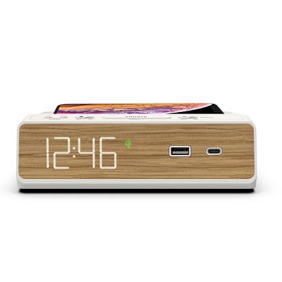Station W Sleek Alarm Clock, Charging Station With USB-A + USB-C + Qi Wireless Wood/White 8 Per Case Price Per Each 