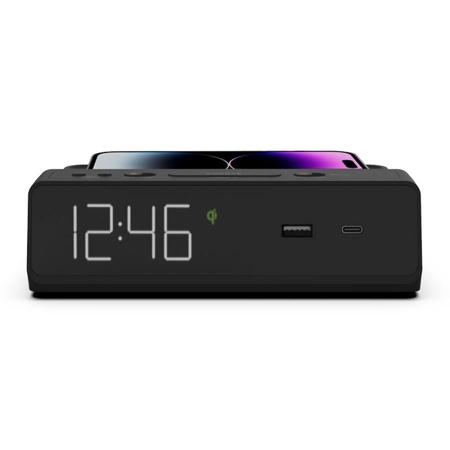 Station W Sleek Alarm Clock, Charging Station With USB-A + USB-C + Qi Wireless Black 8 Per Case Price Per Each 
