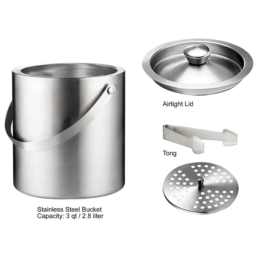 NuSteel 3 Qt. Brushed Stainless Double Walled Ice Bucket With Tong 12 Per Case Price Per Each 