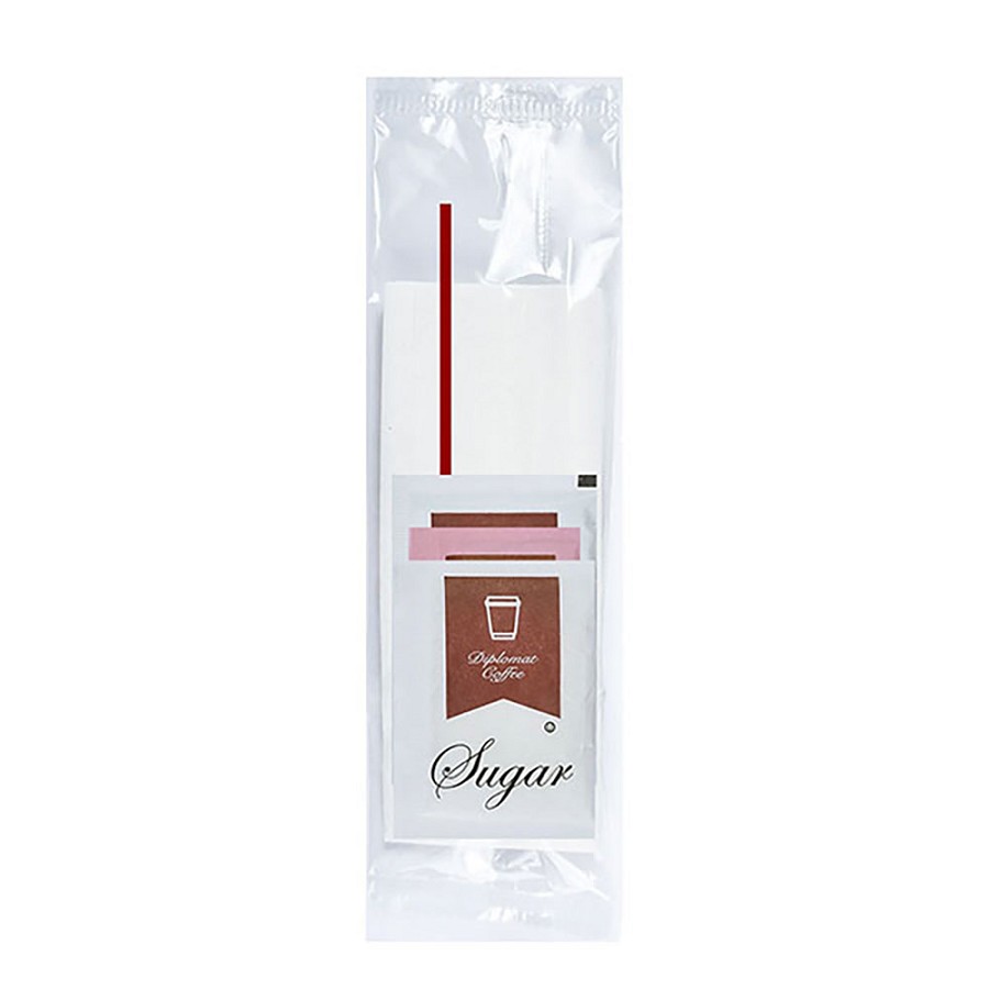 Economy Clear Condiment Kit 1 Sugar Packet, 1 Sugar Subsitute, 1 Creamer, 1 Plastic Stirrer, 1 Napkin 500 Per Case Price Per Case 