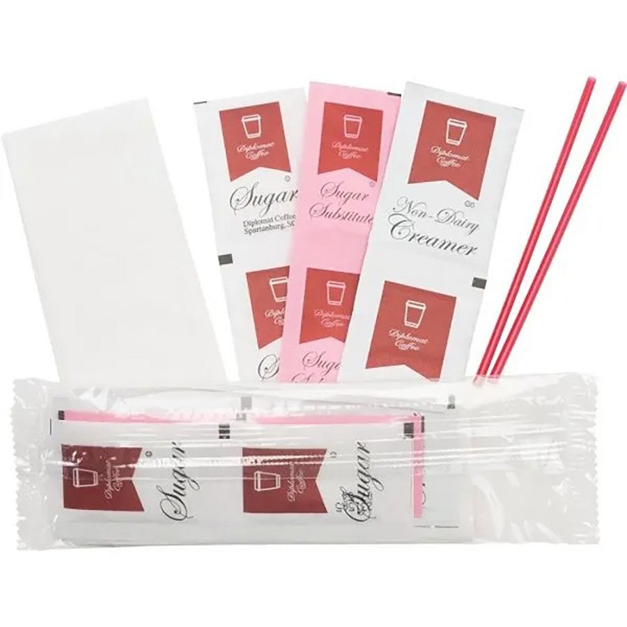 Deluxe Clear Condiment Kit 2 Sugar Packets, 2 Sugar Substitutes, 2 Creamers, 2 Plastic Stirrers, 1 Napkin 500 Per Case Price Per Case 
