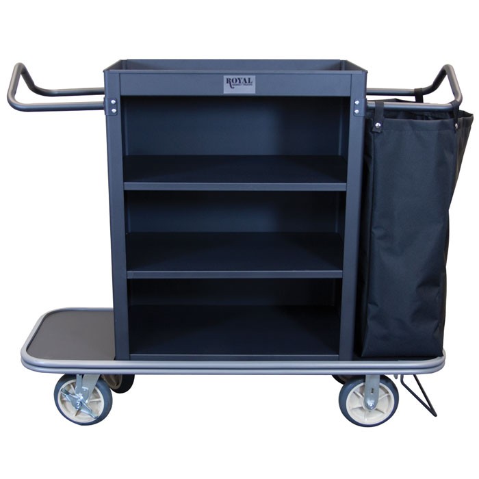 Royal Basket Slim Line Housekeeping Cart With 3 Shelves 1 Bag & Vacuum Bar Black 