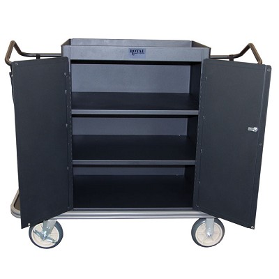 Royal Basket Locking Cabinet Housekeeping Cart With 3 Shelves & 2 Bags Black 
