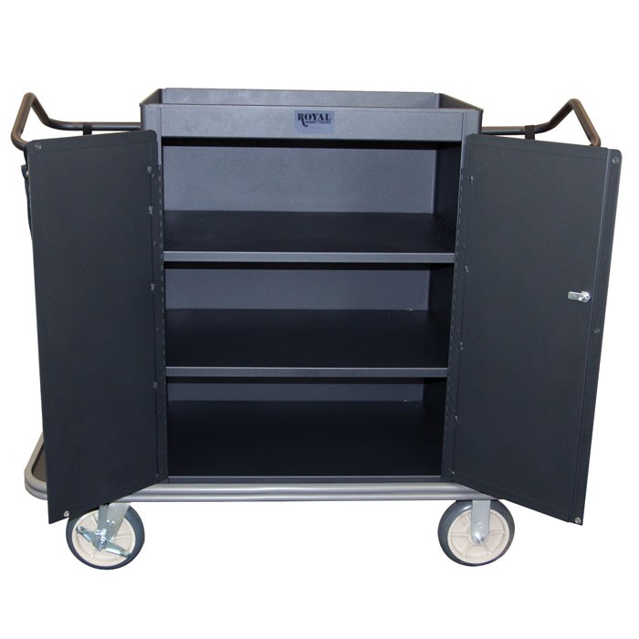 Royal Basket Locking Cabinet Housekeeping Cart With 3 Shelves & 2 Bags Black 