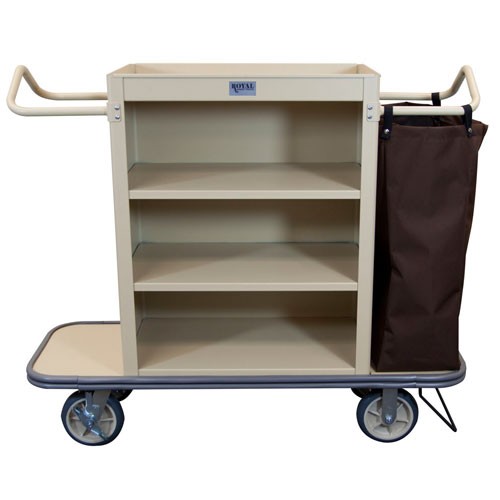 Royal Basket Slim Line Housekeeping Cart With 3 Shelves 1 Bag & Vacuum Bar Beige 