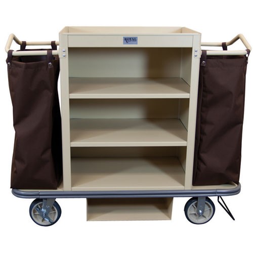 Royal Basket Deluxe Housekeeping Cart With 3 Shelves 2 Bags Vacuum Bar & Glass Rack Beige 
