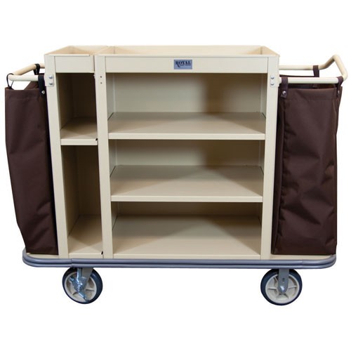 Royal Basket Split Cabinet Housekeeping Cart With 5 Shelves & 2 Bags Beige 
