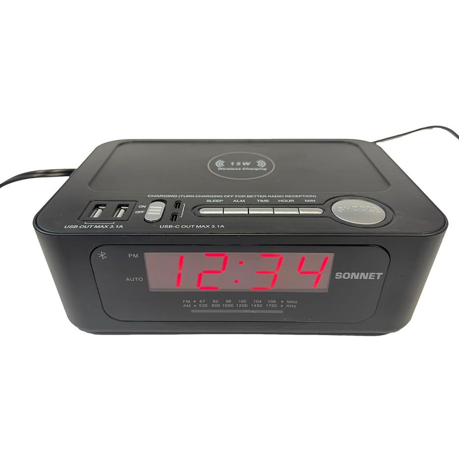 Sonnet R-1212BC 0.9” LED AM/FM Clock Radio With 15-Watt Wireless Bluetooth Charging Station With 2 USB-A & 2 USB-C Black 16 Per Case Price Per Each 