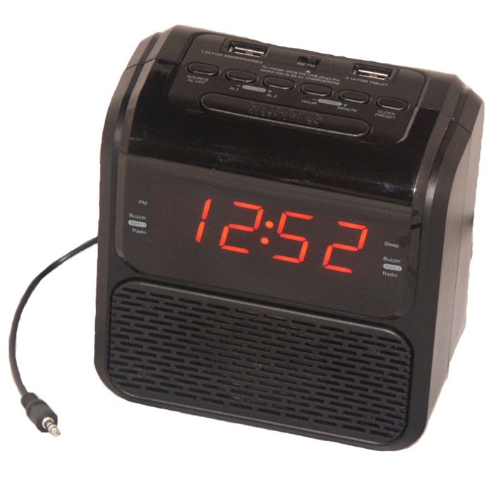 Sonnet R-2218 0.9” LED Single Day Alarm Clock Radio With 2 USB Ports & Aux in Cord Black 20 Per Case Price Per Each 