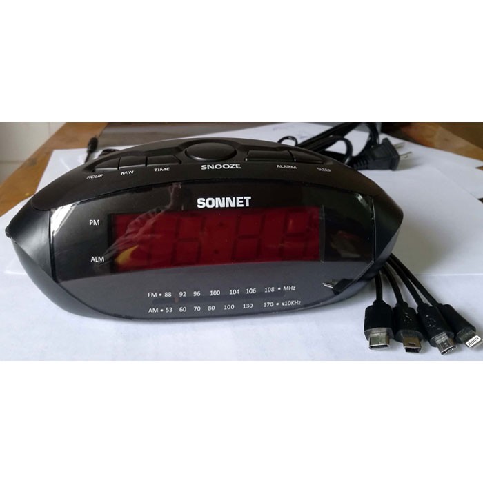 Sonnet R-1688 0.9” LED Alarm Clock With 2 USB Ports & 4 Charging Cables Black 20 Per Case Price Per Each 