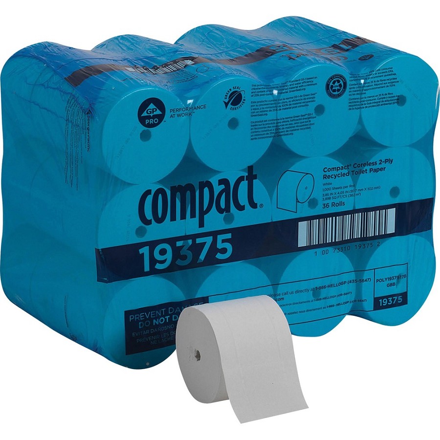 Compact Coreless Recycled Toilet Paper - 2 Ply - 4.05' Width x 3.85' Length - 1000 Sheets/Roll - White - 36 / Carton 