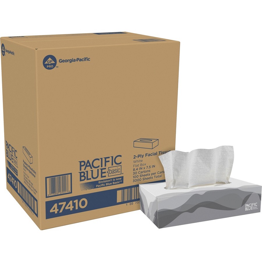 Envision Flat Box Facial Tissue - 2 Ply - WhiteBox - 100/Box - 30 / Carton 