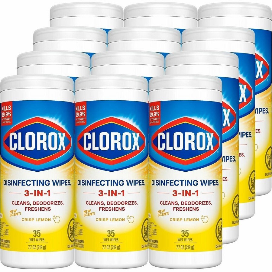 Clorox Disinfecting Cleaning Wipes - Ready-To-Use - Crisp Lemon Scent - 7' Length x 8' Width - Pleasant Scent, Disinfectant, Pre-moistened, Bleach-free - Yellow - 35/Tub - 12 / Carton 