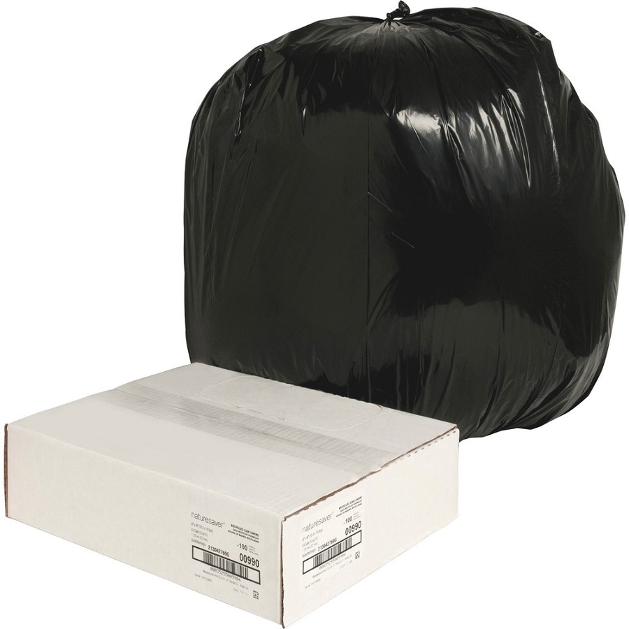 Nature Saver Black Low-density Recycled Can Liners - Large Size - 45 gal Capacity - 46' Length x 40' Width x 1.25 mil (32 Micron) Thickness - Low Density - Black - Plastic - Cleaning Supplies - Recycled - 1 Carton 