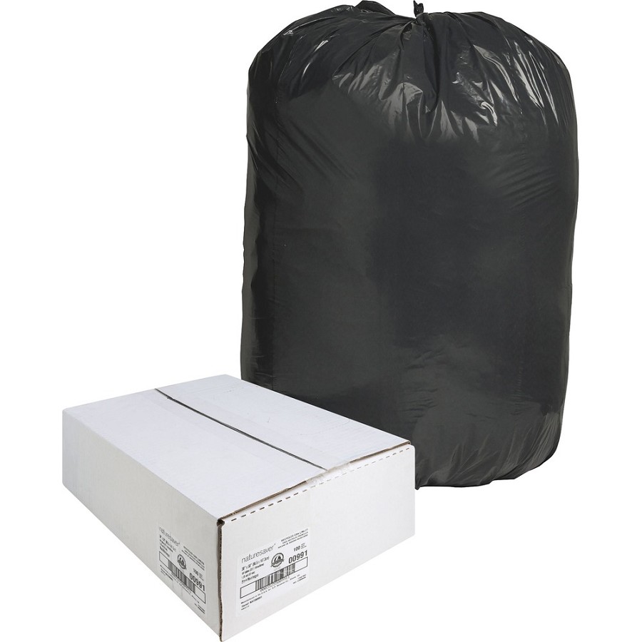 Nature Saver Black Low-density Recycled Can Liners - Extra Large Size - 60 gal Capacity - 58' Length x 38' Width x 1.25 mil (32 Micron) Thickness - Low Density - Black - Plastic - Cleaning Supplies - Recycled - 1 Carton 
