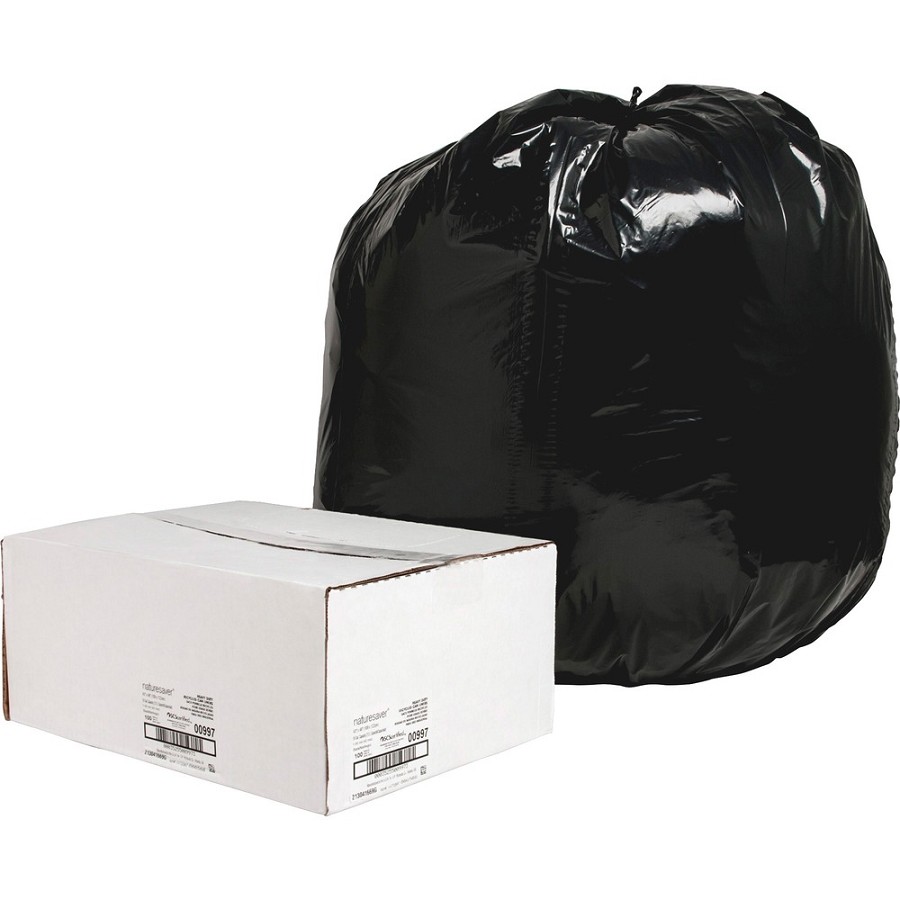 Nature Saver Black Low-density Recycled Can Liners - Extra Large Size - 56 gal Capacity - 48' Length x 43' Width x 1.65 mil (42 Micron) Thickness - Low Density - Black - Plastic - Cleaning Supplies - Recycled - 1 Carton 