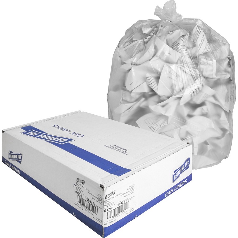 Genuine Joe High-Density Can Liners - Small Size - 16 gal Capacity - 32' Length x 24' Width x 0.31 mil (8 Micron) Thickness - High Density - Clear - Resin - Office Waste, Industrial Trash - 50/Roll - 20 / Carton 