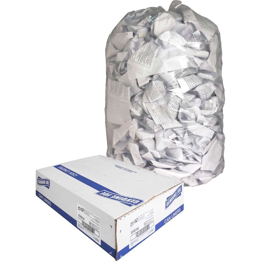 Genuine Joe Clear Trash Can Liners - Extra Large Size - 60 gal Capacity - 58' Length x 38' Width x 0.80 mil (20 Micron) Thickness - Low Density - Clear - Film - Multipurpose - 100 / Carton 