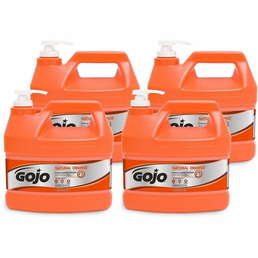 Gojo Natural Orange Pumice Hand Cleaner - Fragrance-free Scent - 1 gal - Pump Bottle Dispenser - Dirt Remover, Oil Remover, Grease Remover - Hand - White - Heavy Duty, Fast Acting - 4 / Carton 