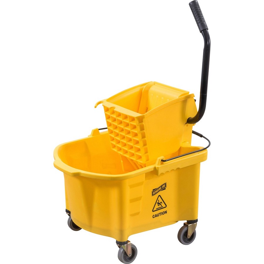 Genuine Joe Splash Shield Mop Bucket/Wringer - 6.50 gal - Wringer, Caution Sign, Handle, Measurement Marking, Caster, Putty Knife Holder, Mop Stick Holder - Plastic, Metal - Black, Yellow - 1 Each 