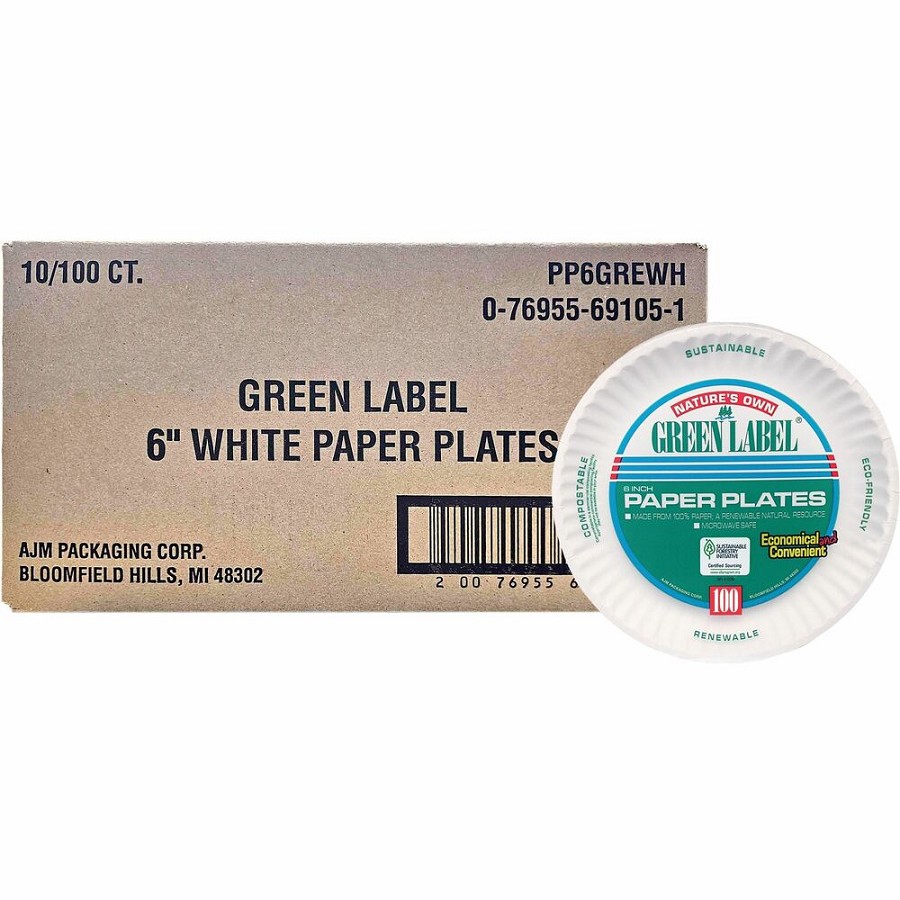Green Label 6' Green Label Economy Paper Plates - Microwave Safe - 6' Diameter - White - Paper Body - 100/Bag - 10 / Carton 