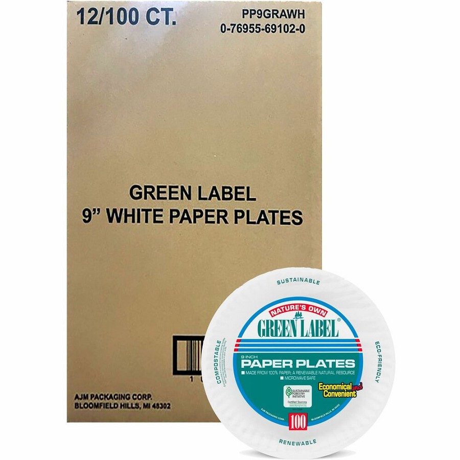 Green Label 9' Green Label Economy Paper Plates - Microwave Safe - 9' Diameter - White - Paper Body - 100/Bag - 12 / Carton 