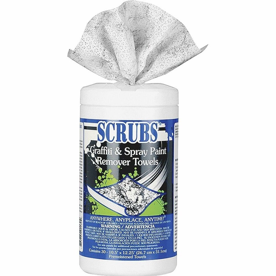 SCRUBS Graffiti/Spray Paint Remover Towels - For Graffiti, Metal Surface, Porcelain, Vinyl, Baked Enamel, Glass, Stainless Steel, Plexiglas, Aluminum, Formica, Brick, ... - Towel - Neutral Scent - Absorbent, Non-scratching, Abrasive - White - 30/Tub - 6 / 