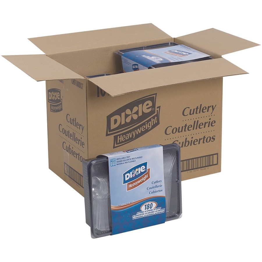 Dixie Heavyweight Disposable Forks, Knives & Teaspoons Keeper Pack Grab-N-Go by GP Pro - Cutlery Set - 60 x Teaspoon - 60 x Fork - 60 x Knife - Plastic, Polystyrene, Polystyrene - Crystal - 180/Box - 10 / Carton 