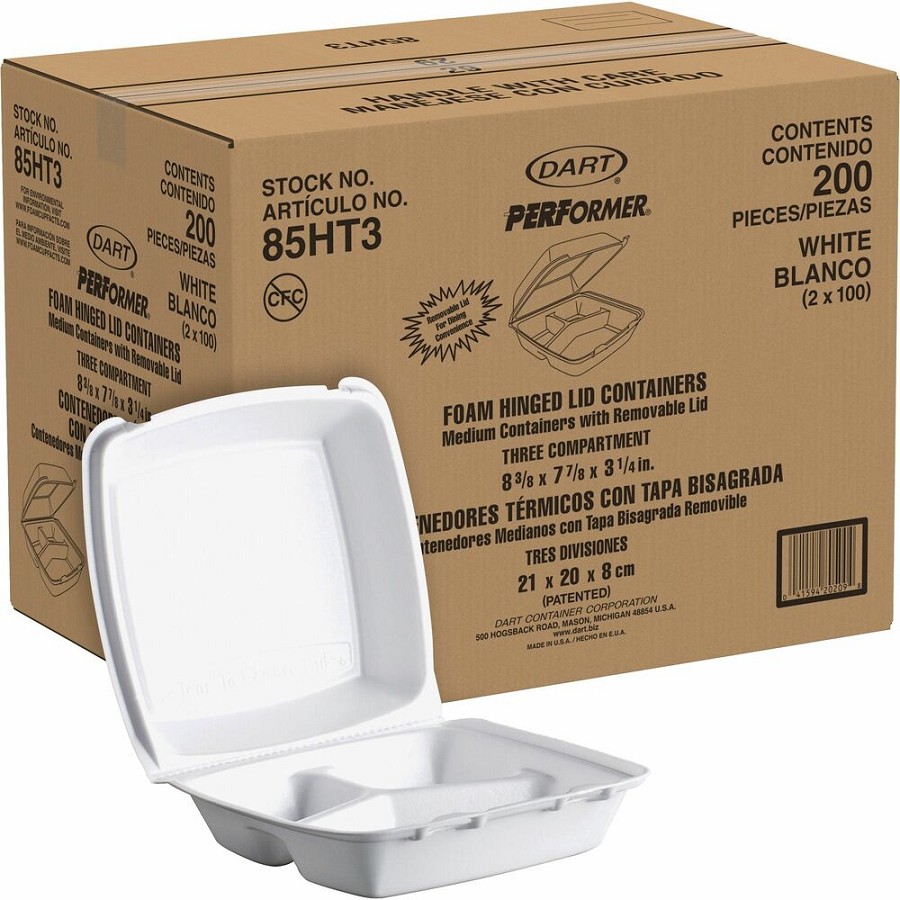 Dart 8-1/2' Triple-Compartment Foam Containers - White - Foam Body - 200 / Carton 
