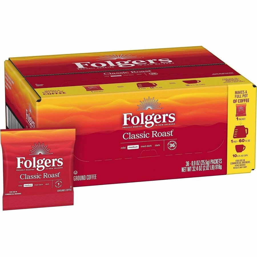 Folgers Fraction Pack Classic Roast Coffee - Regular - Medium - 0.9 oz - Fraction Pack - 36 / Carton 