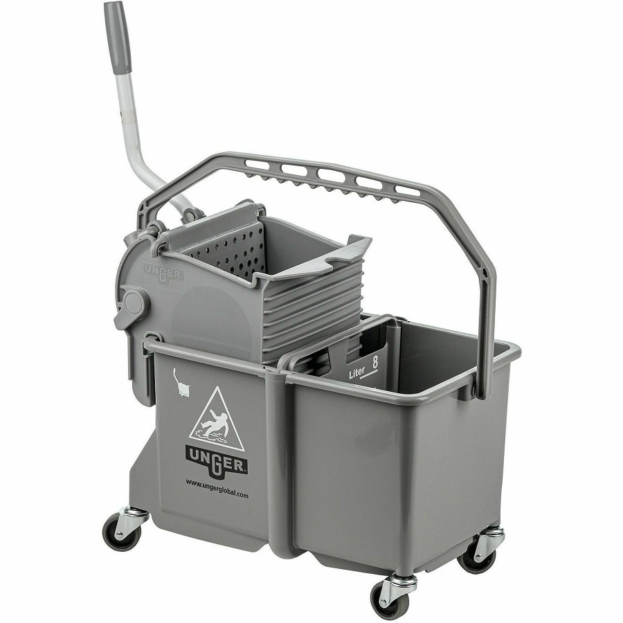 Unger Dual Compartment Mop Bucket - 4 gal - Ergonomic Design, Dual Bucket, Light Weight, Caster - Plastic - Gray - 1 Carton 