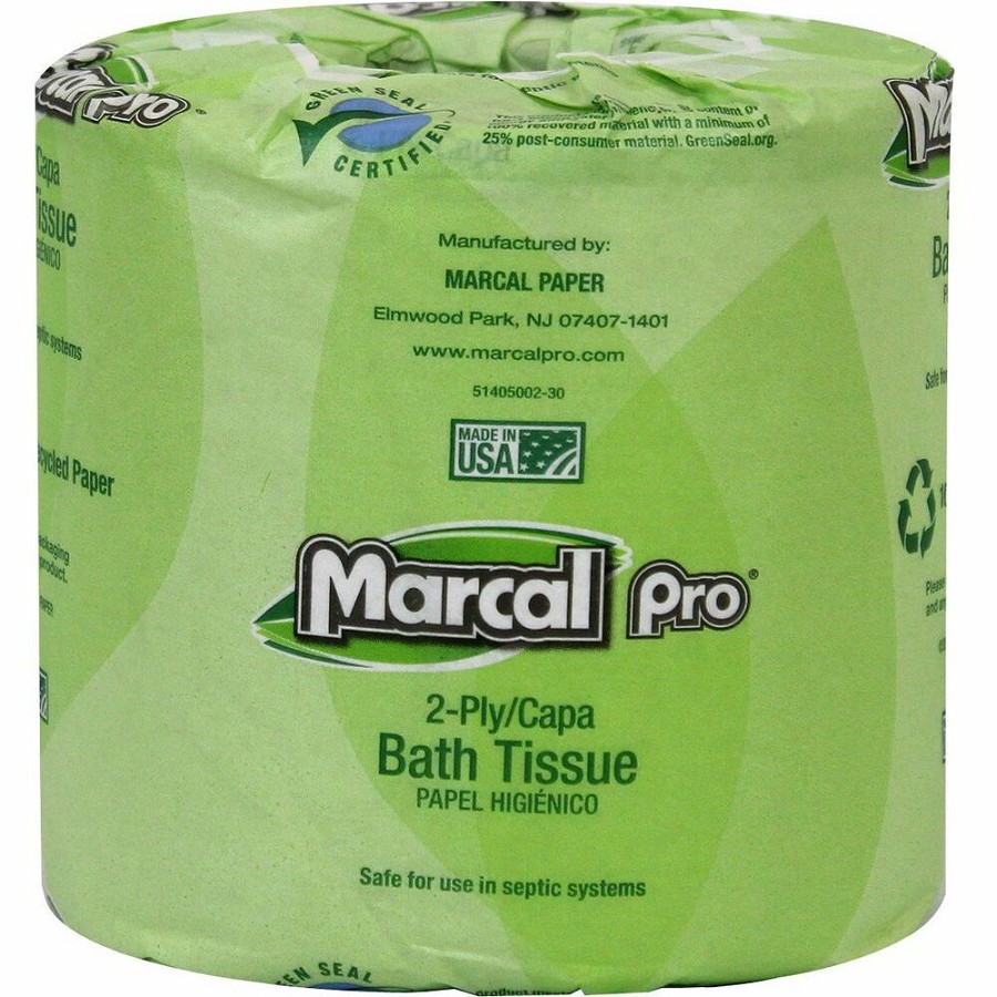 Marcal Pro 100% Recycled Bathroom Tissue - 2 Ply - 4' Width x 4' Length - 240 Sheets/Roll - White - 1 Carton 