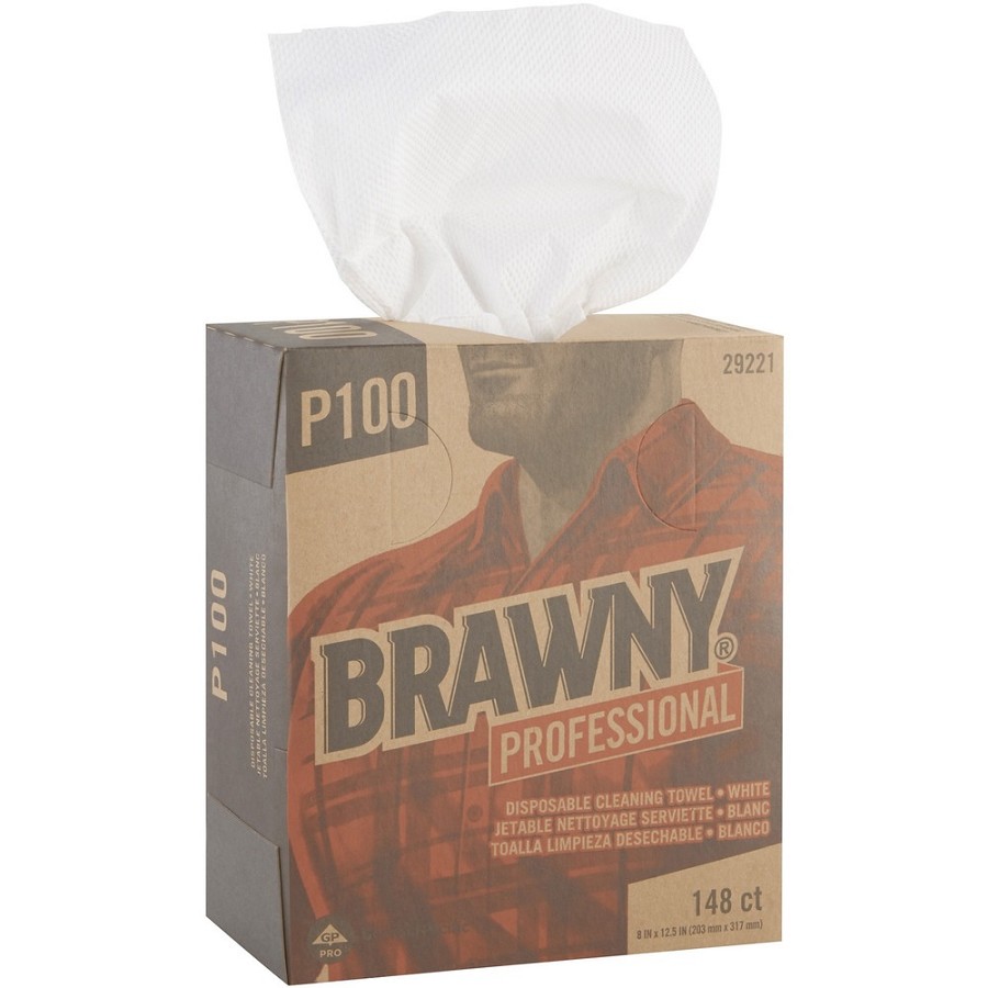 Brawny Professional P100 Disposable Cleaning Towels - 12.50' Length x 8' Width - Absorbent, Strong, Streak-free, Durable - White - 148/Box - 20 / Carton 