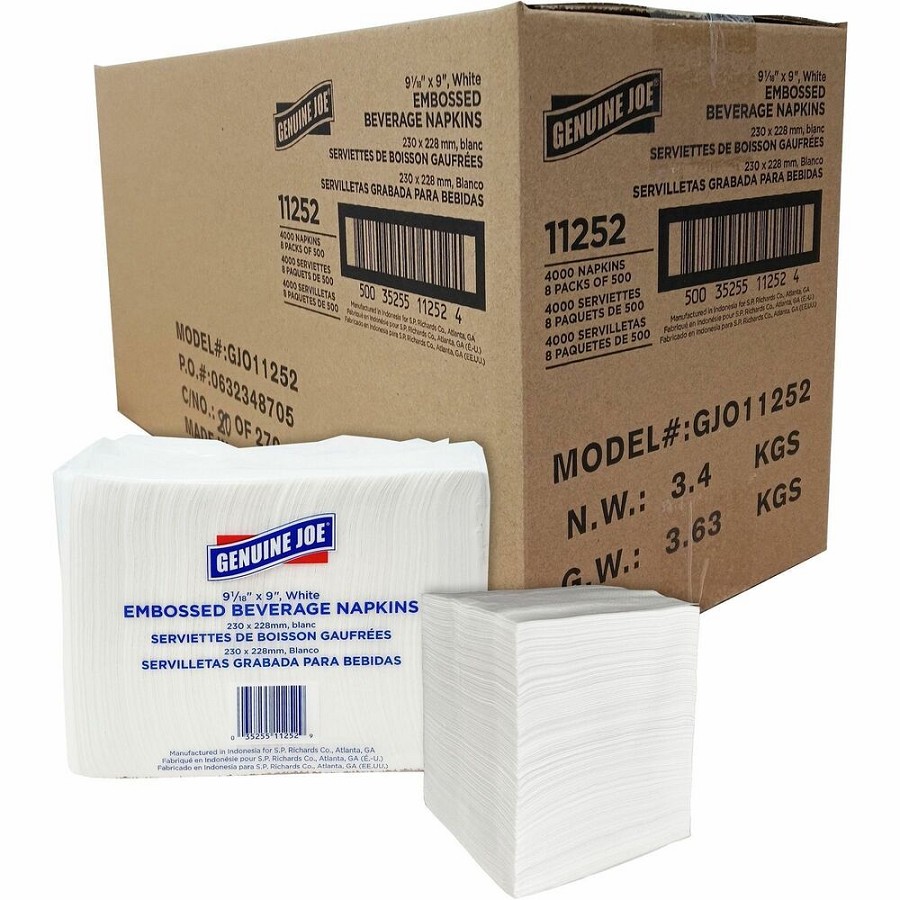 Genuine Joe Quad-fold Square Beverage Napkins - 1 Ply - 1/4 Fold - 9.50' Width x 9.50' Length - White - 500/Pack - 8 / Carton 
