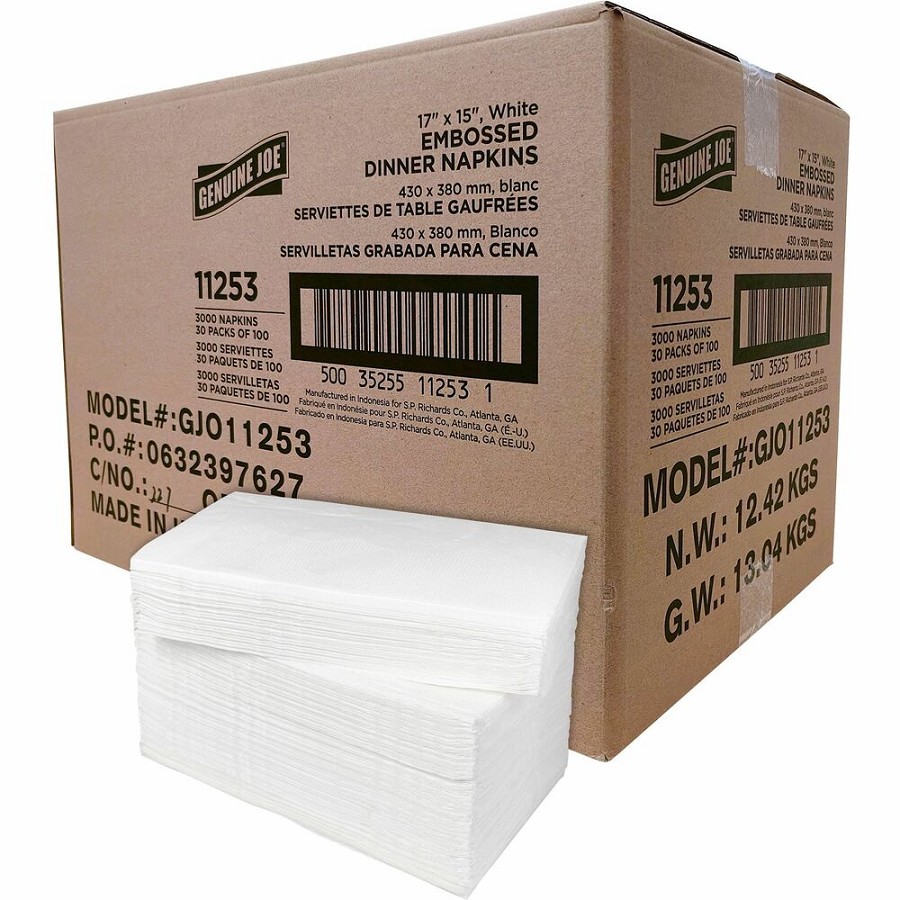 Genuine Joe Embossed Dinner Napkins - 2 Ply - 1/8 Fold - 17' Width x 15' Length - White - 100/Pack - 30 / Carton 