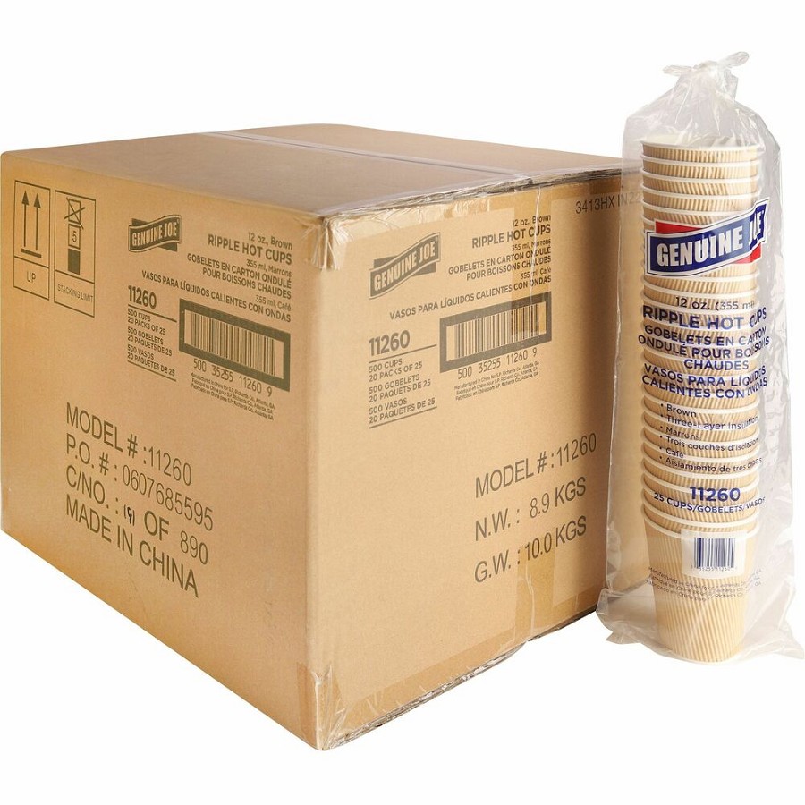 Genuine Joe 12 oz Rippled Hot Cups - 12 fl oz - Brown - Hot Drink, Beverage - 25/Pack - 20 / Carton 