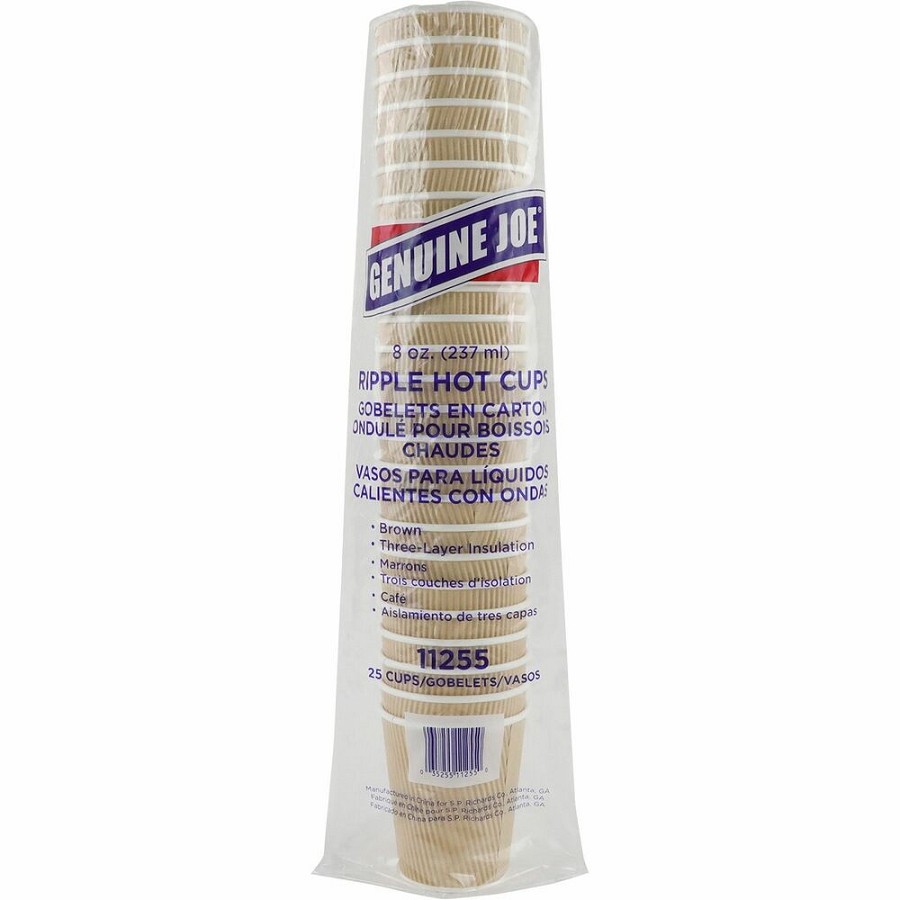 Genuine Joe 8 oz Rippled Hot Cups - 8 fl oz - Brown - Hot Drink, Beverage - 25/Pack - 4 / Carton 