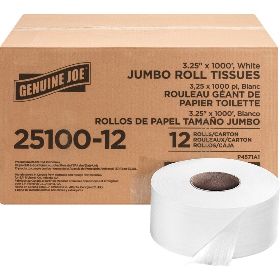 Genuine Joe Jumbo Roll Bath Tissues - 2 Ply - 3.25' Width x 1000 ft Length - 9' Roll Diameter - 3 19/64' Core - White - 12 / Carton 