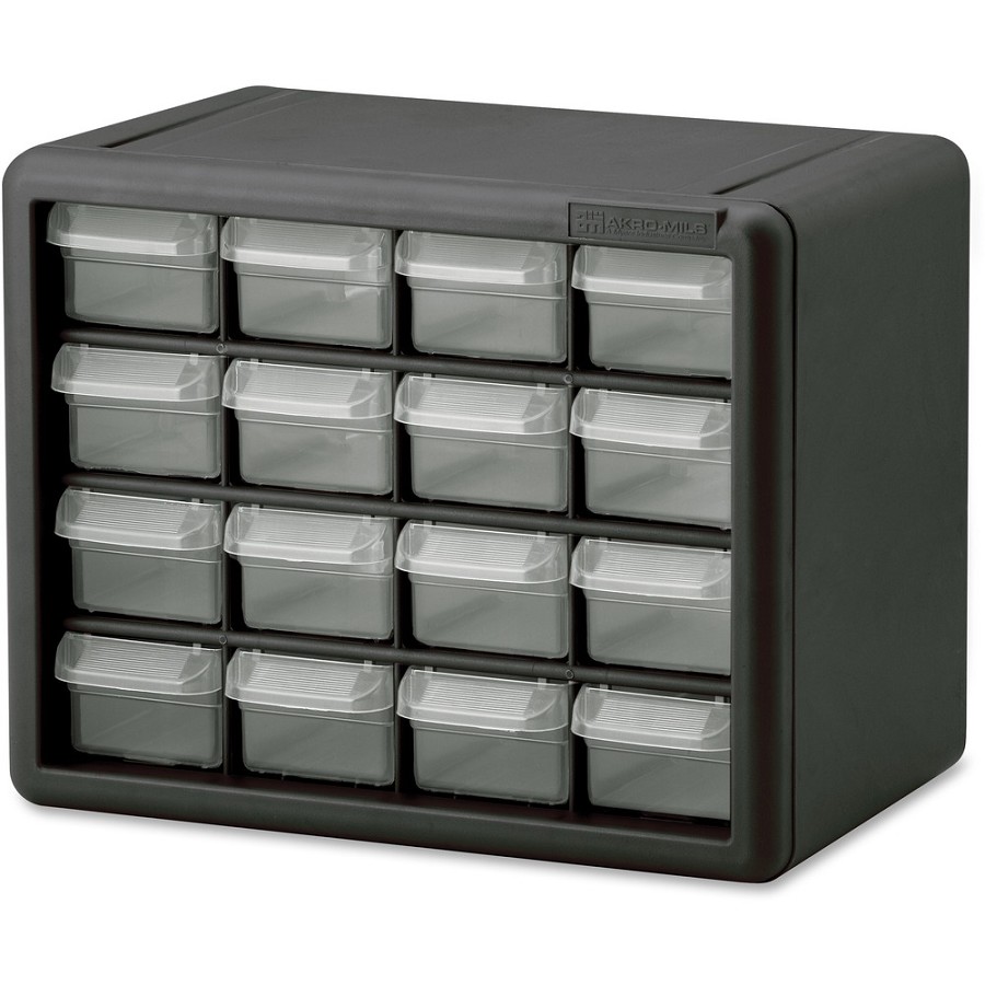 Akro-Mils 16-Drawer Plastic Storage Cabinet - 16 Drawer(s) - 8.50' Height x 6.40' Width x 10.50' Length - Floor - Stackable, Finger Grip, Unbreakable - Black - Polymer, Plastic - 1 Each 