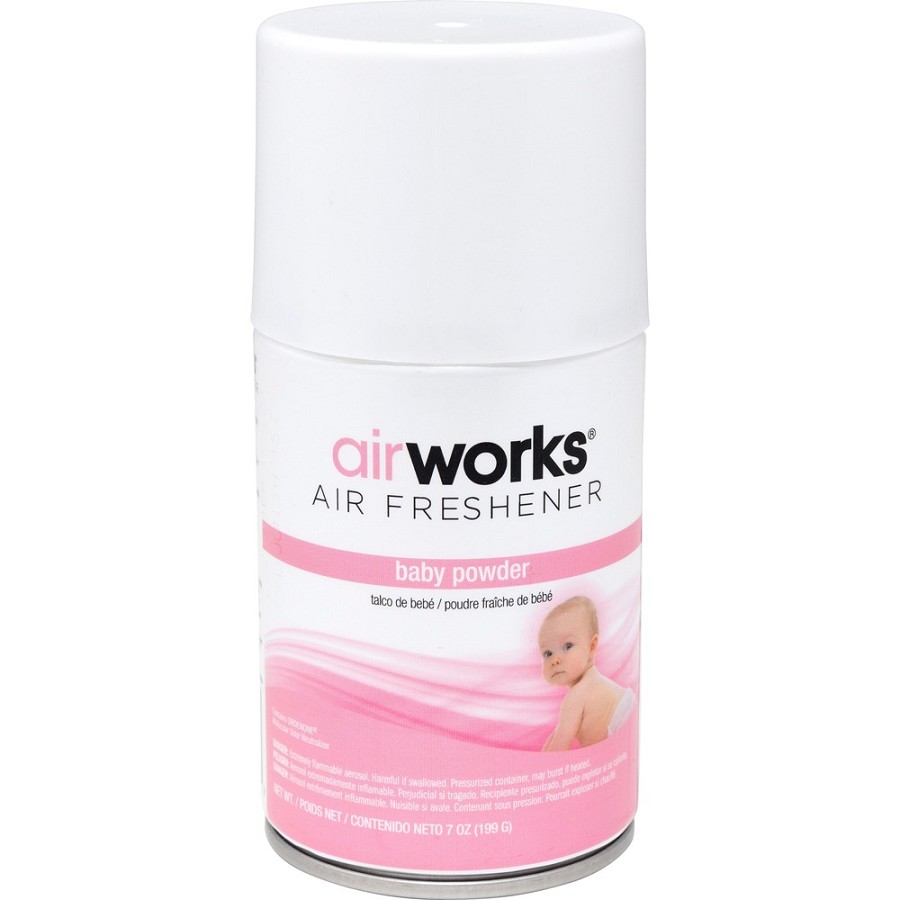 AirWorks Metered Aerosol Air Freshener, 12/cs - Baby Powder - Aerosol - 6000 ft³ - 7 fl oz (0.2 quart) - Baby Powder - 30 Day - Odor Neutralizer, VOC Compliant, Long Lasting - 12 / Carton 