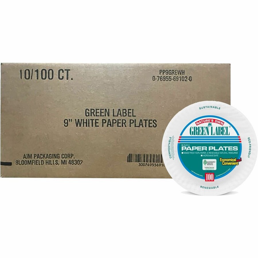 Green Label Green Label 9' Economy Paper Plates - Microwave Safe - 9' Diameter - White - Paper Body - Round - 100/Pack - 10 / Carton 