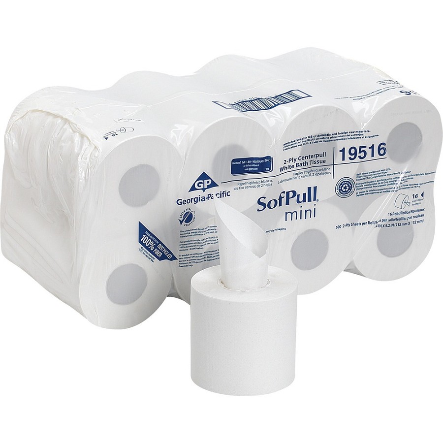 SofPull Centerpull Mini Toilet Paper - 2 Ply - 5.25' Width x 8.50' Length - 500 Sheets/Roll - White - Fiber - 16 Rolls Per Carton - 16 / Carton 