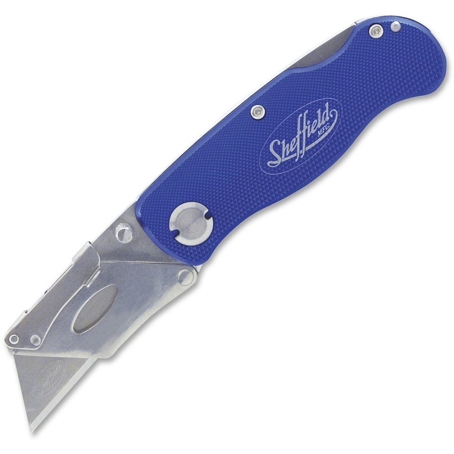 Sheffield Great NeckLockback Utility Knife - 0.7' Height x 4' Width x 8.9' Length - Locking Blade, Sturdy, Snap Closure, Lightweight, Pocket Clip - Aluminum - Blue - 1 Each 