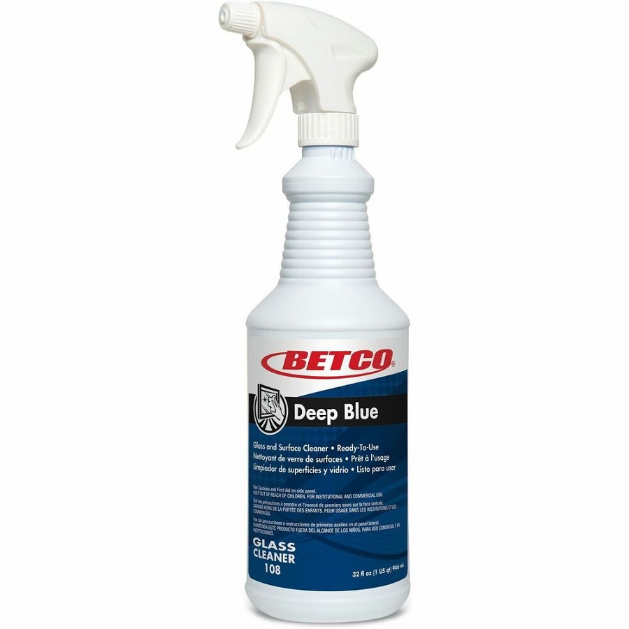 Betco Deep Blue Glass & Surface Cleaner - For Glass, Window, Stainless Steel, Plastic, Porcelain, Chrome - 32 fl oz (1 quart) - Pleasant Scent - Recommended For: Dust Remover, Smoke Film Remover, Grease Remover, Grime Remover, Smudge Remover - Non-streaki 